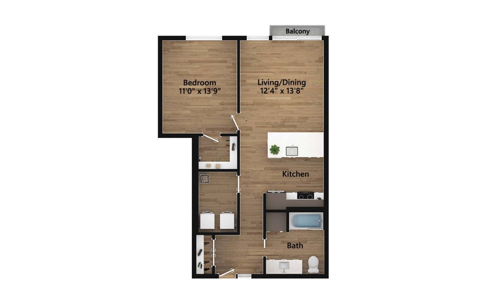 1.01.1 - A - 1 bedroom floorplan layout with 1 bath and 760 square feet.