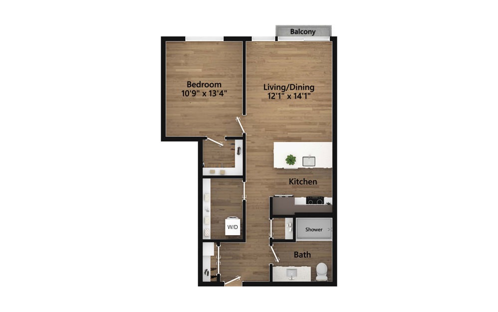 1.01.1 - 1 bedroom floorplan layout with 1 bath and 747 square feet.