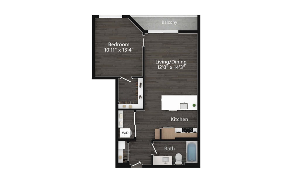 1.01.1b - 1 bedroom floorplan layout with 1 bath and 699 square feet.