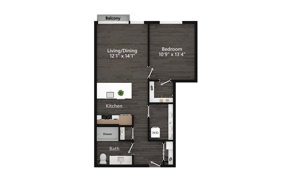 1.01.2 - 1 bedroom floorplan layout with 1 bath and 821 square feet.