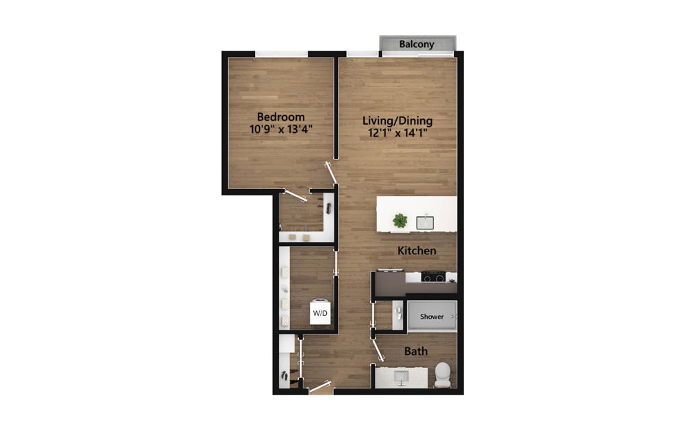 1.01.5 - A - 1 bedroom floorplan layout with 1 bath and 785 square feet.