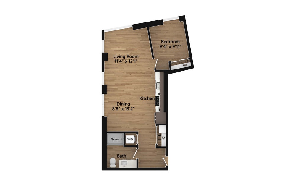 1.01.5 - 1 bedroom floorplan layout with 1 bath and 785 square feet.