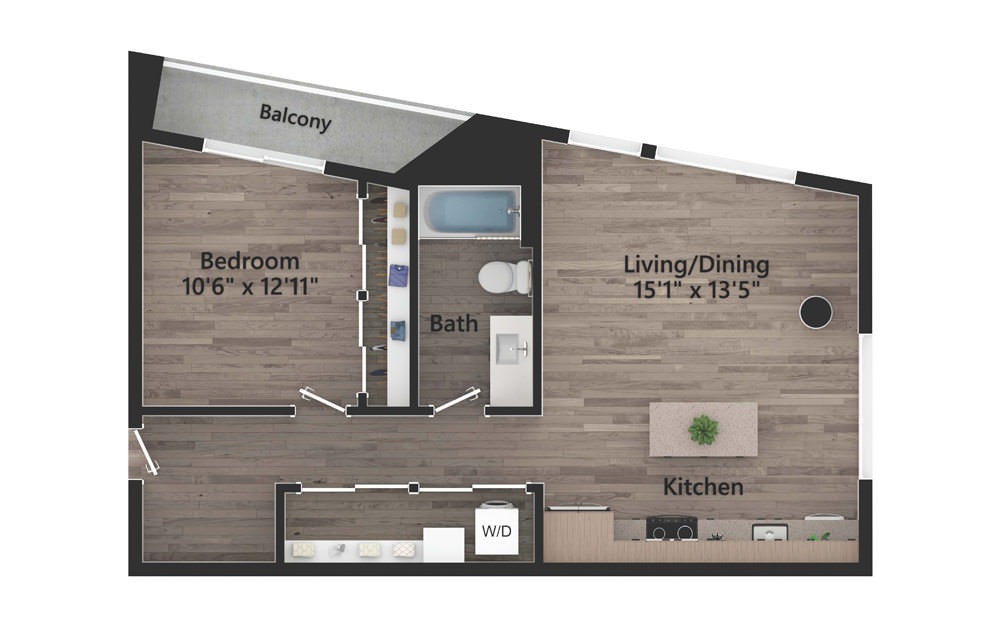 1.03.1b - 1 bedroom floorplan layout with 1 bath and 725 square feet.