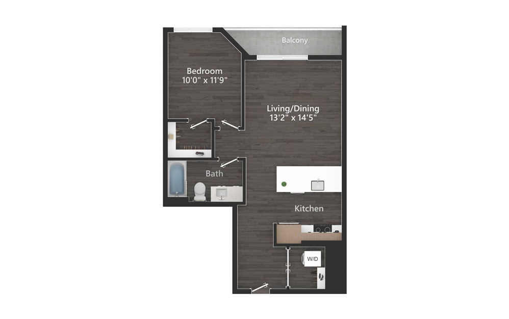 1.04.1b - 1 bedroom floorplan layout with 1 bath and 661 square feet.