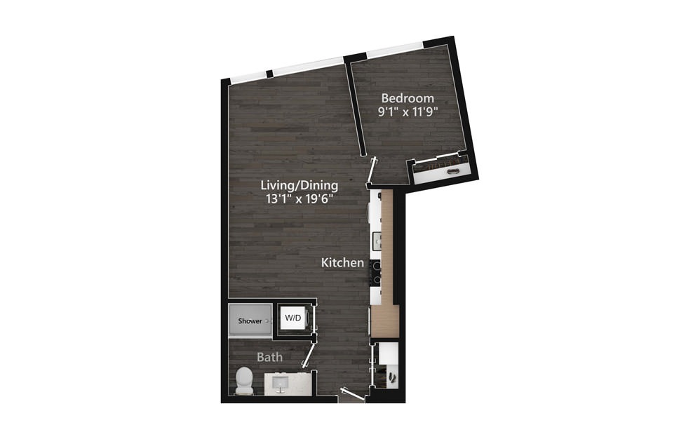 1.05.4 - 1 bedroom floorplan layout with 1 bath and 731 square feet.