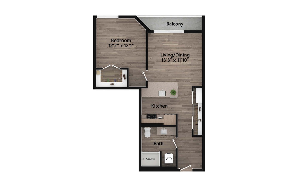 1.07.1b - 1 bedroom floorplan layout with 1 bath and 688 square feet.