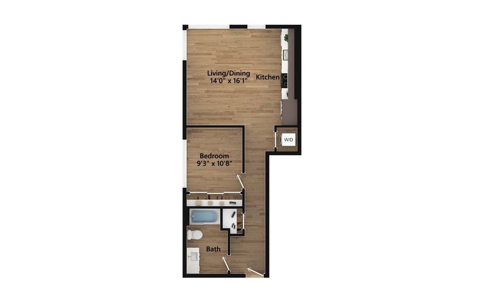 1.14.1 - 1 bedroom floorplan layout with 1 bath and 728 to 732 square feet.