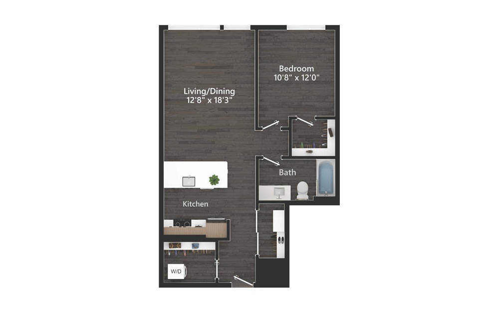 1.15.1 - 1 bedroom floorplan layout with 1 bath and 762 square feet.