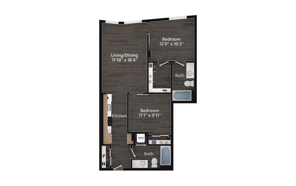 1.19.1 - 1 bedroom floorplan layout with 2 baths and 907 square feet.