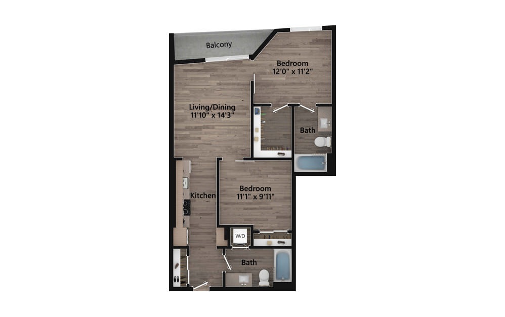 1.19.2b - 1 bedroom floorplan layout with 2 baths and 856 square feet.