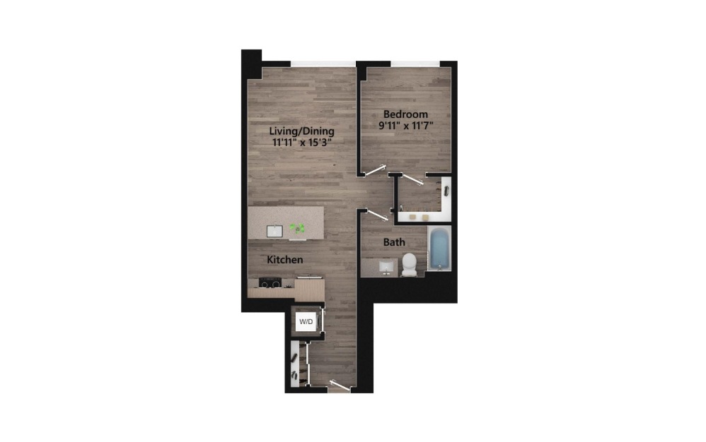1.2 - 1 bedroom floorplan layout with 1 bath and 719 square feet.