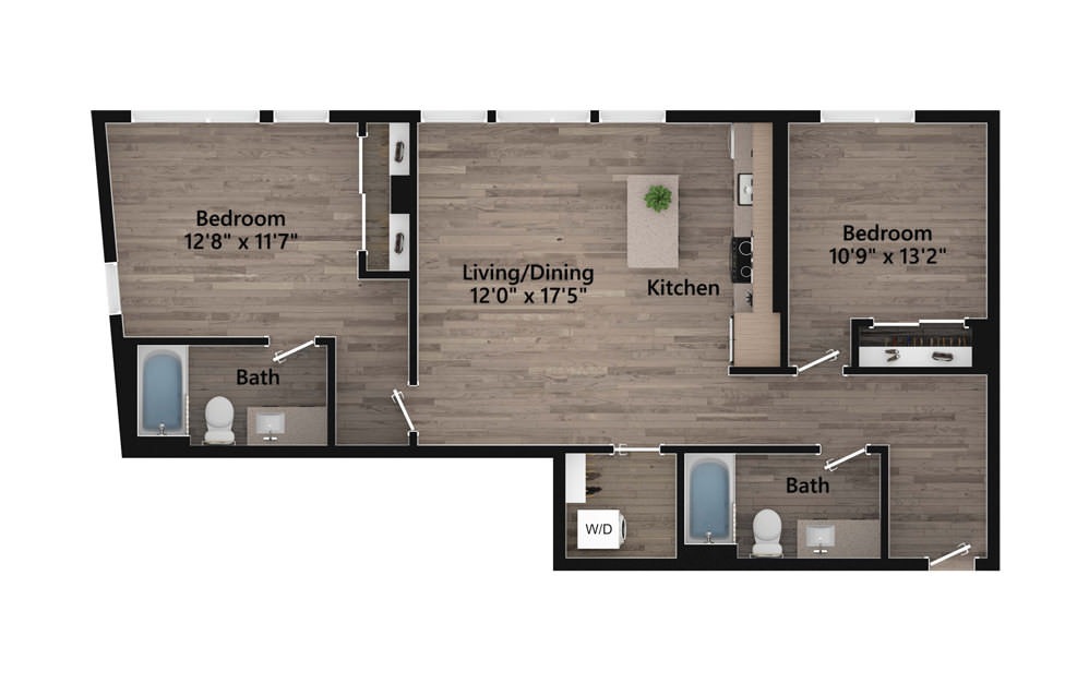 1.21.1 - 1 bedroom floorplan layout with 2 baths and 887 square feet.