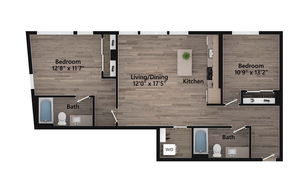 2.02.1 - 2 bedroom floorplan layout with 2 baths and 1045 square feet.
