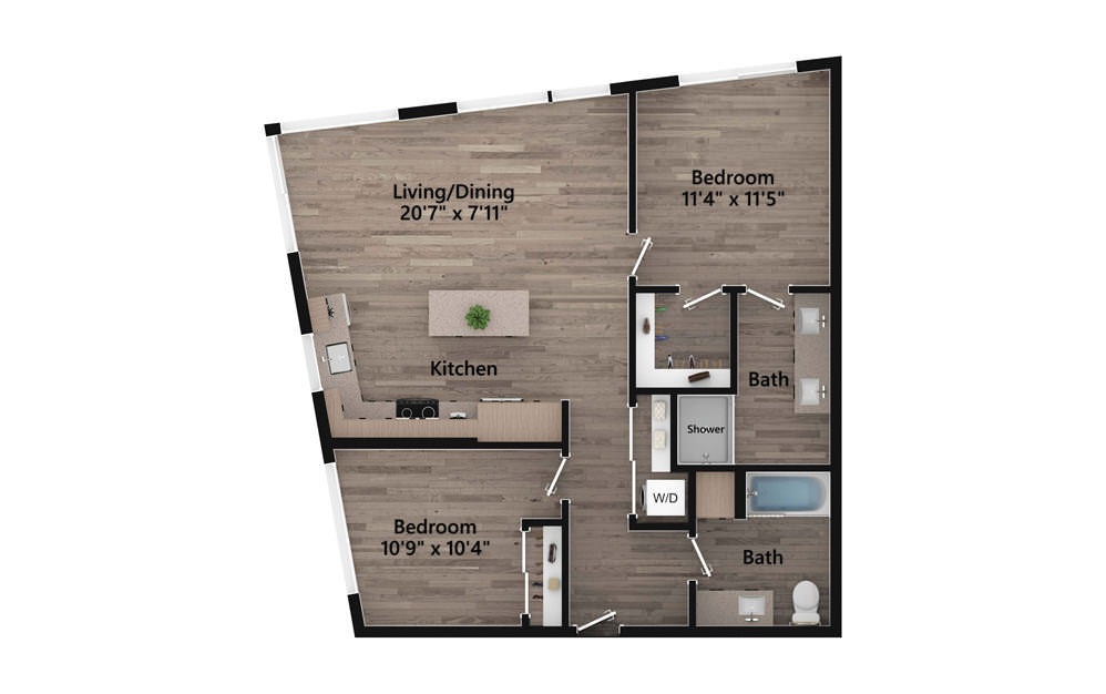 2.03.1 - 2 bedroom floorplan layout with 2 baths and 1020 square feet.