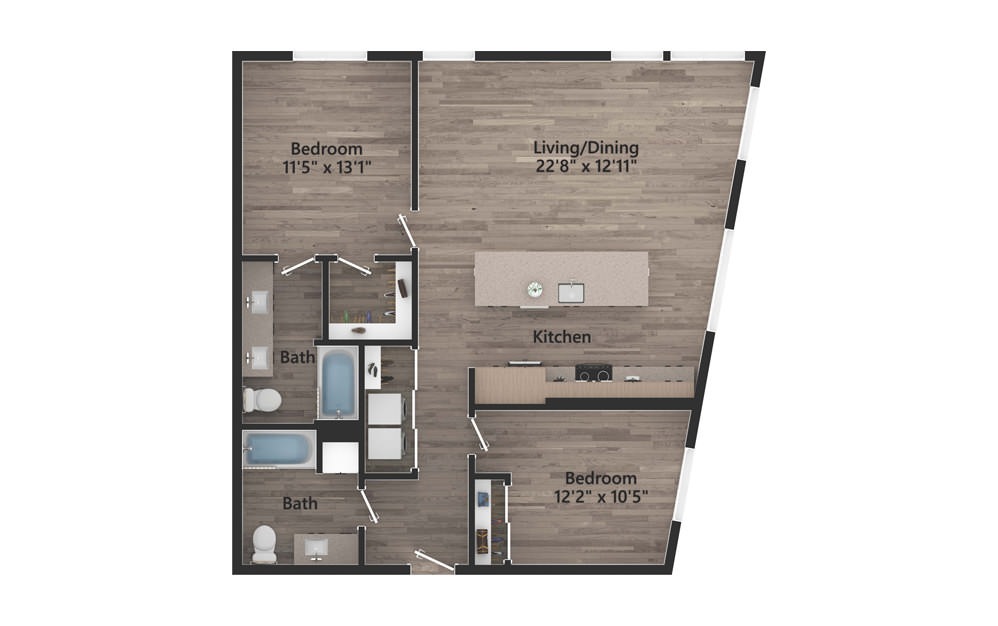 2.05.1 - A - 2 bedroom floorplan layout with 2 baths and 1163 square feet.