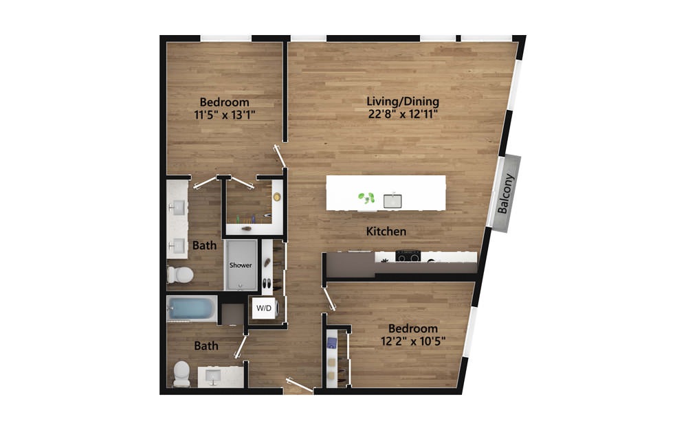 2.05.1 - 2 bedroom floorplan layout with 2 baths and 1163 square feet.