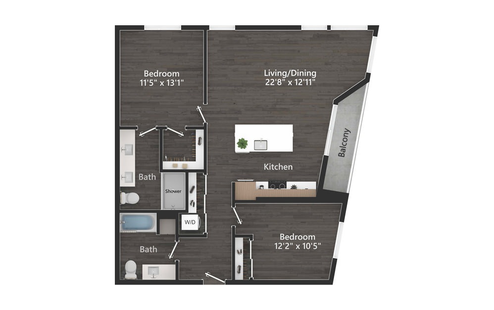2.05.1b - 2 bedroom floorplan layout with 2 baths and 1115 square feet.