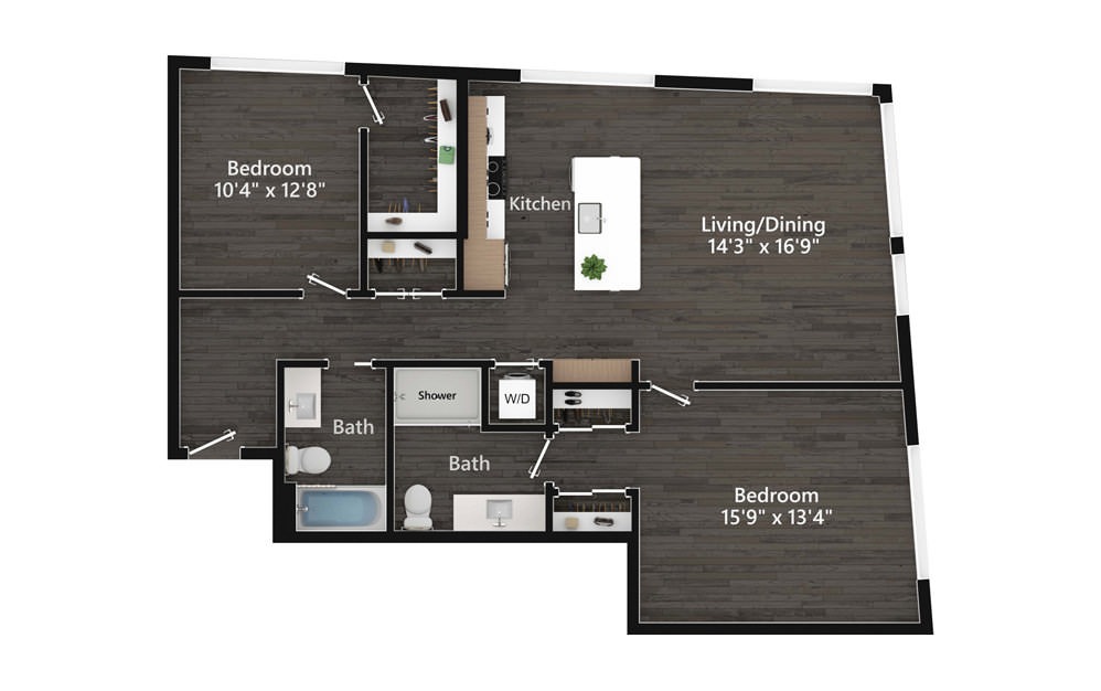 2.07.1 - 2 bedroom floorplan layout with 2 baths and 1242 square feet.