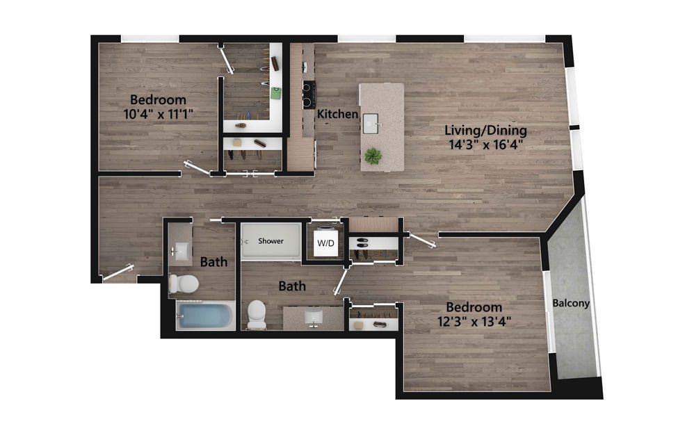 2.07.1b - 2 bedroom floorplan layout with 2 baths and 1155 square feet.