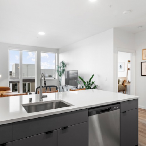 Kitchen with quartz countertop and spacious living room Kitchen with quartz countertop and spacious living room