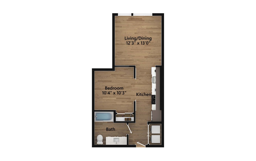 O.01.1 - A - Studio floorplan layout with 1 bath and 585 square feet.