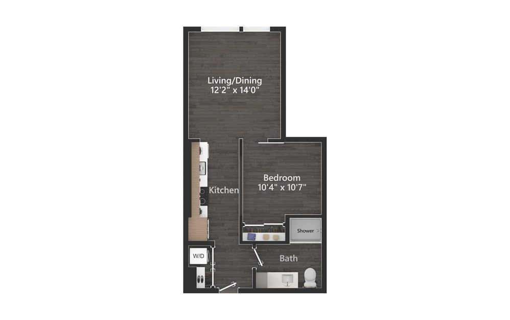 O.01.6 - Studio floorplan layout with 1 bath and 626 square feet.