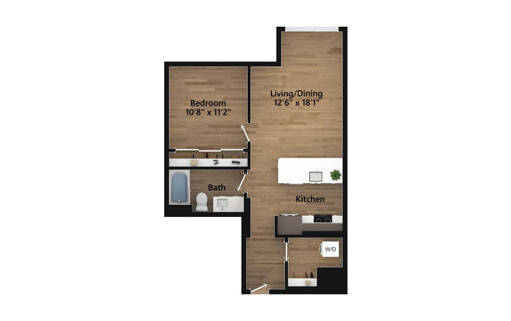 O.03.1 - Studio floorplan layout with 1 bath and 663 square feet.