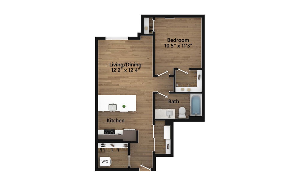O.03.2 - Studio floorplan layout with 1 bath and 713 square feet.