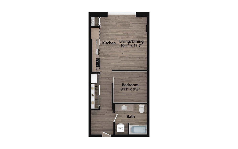 O.08.1 - Studio floorplan layout with 1 bath and 553 square feet.
