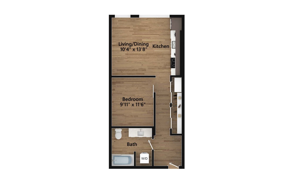 O.08.3 - Studio floorplan layout with 1 bath and 618 square feet.