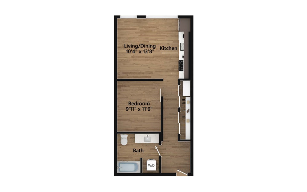 O.08.4 - Studio floorplan layout with 1 bath and 602 square feet.