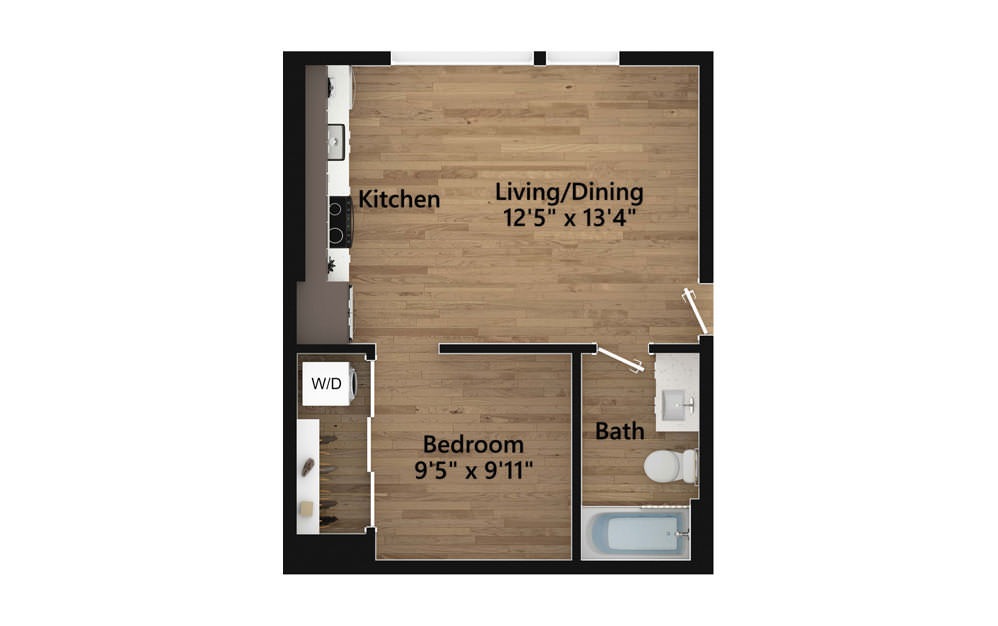 O.09.1 - Studio floorplan layout with 1 bath and 502 square feet.