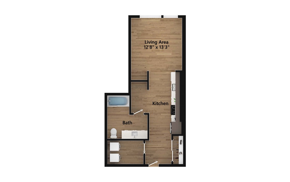S.01.2 - A - Studio floorplan layout with 1 bath and 585 square feet.