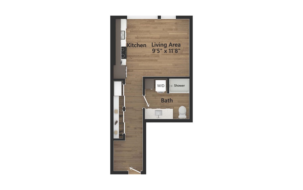 S.02.2 - Studio floorplan layout with 1 bath and 537 square feet.