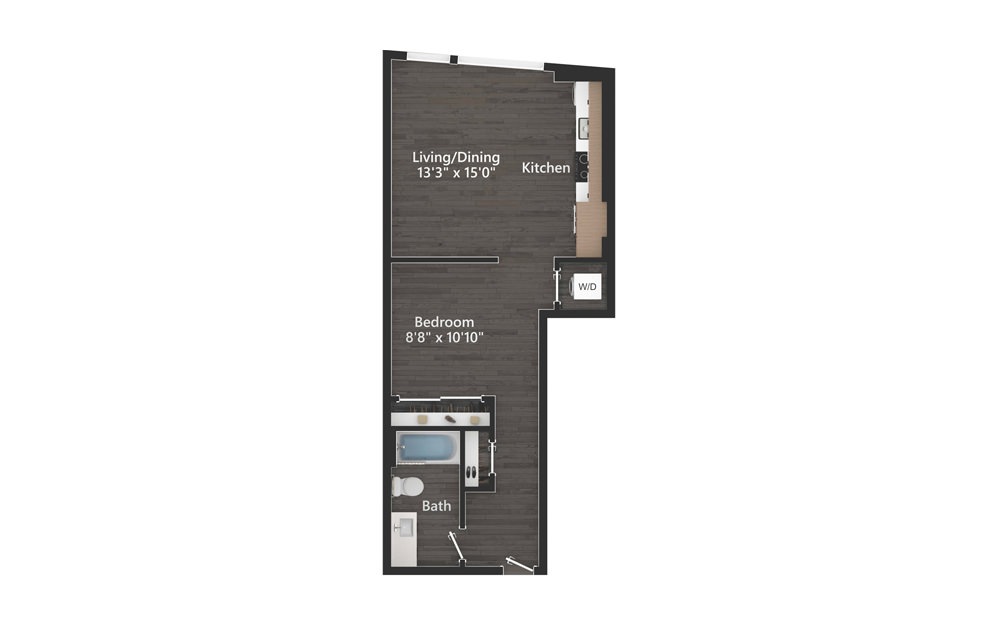 S.03.2 - Studio floorplan layout with 1 bath and 708 square feet.