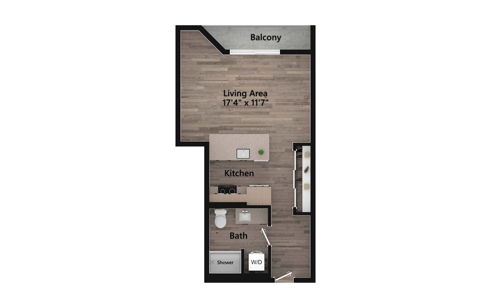 S.05.1 - Studio floorplan layout with 1 bath and 569 square feet.